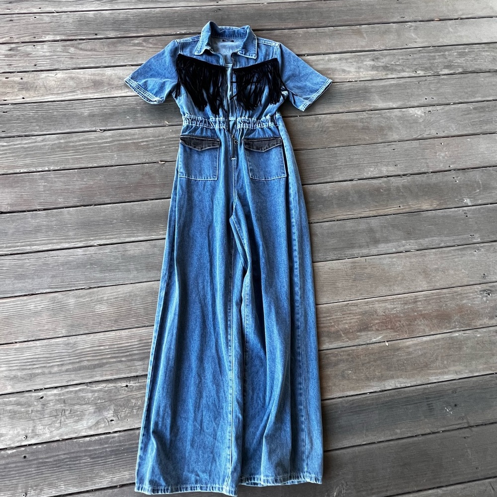 Stylish Denim jumpsuit with Black Fringe